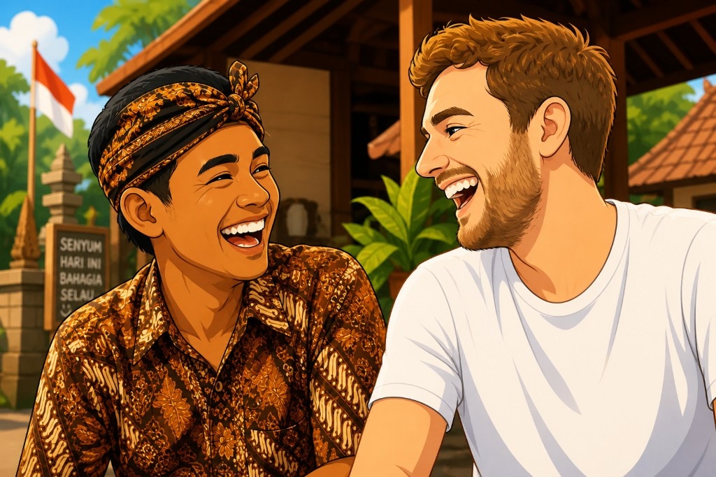 Stiliseret illustration af en lokal balineser og en gæst, der griner sammen udendørs på Bali.